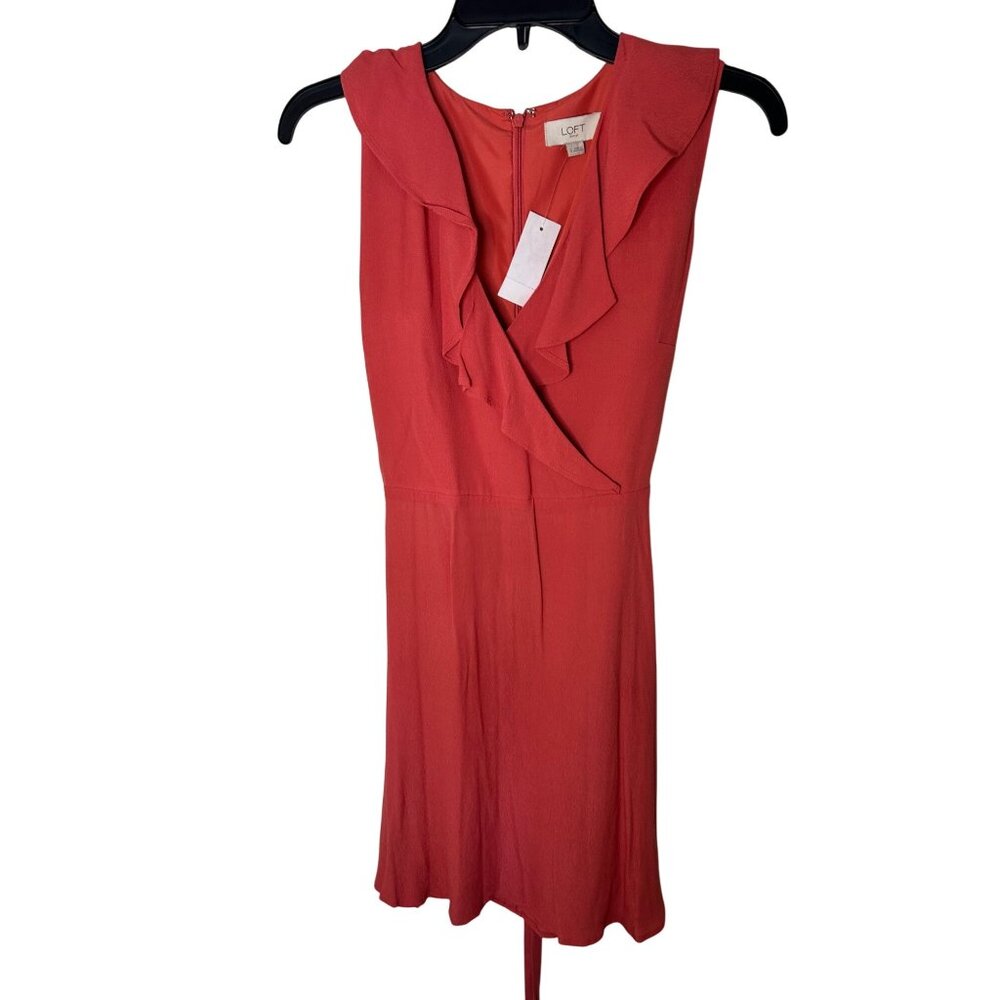 NWT Loft Dress Size 0 Coral Sleeveless Ruffle Faux Wrap Dress Preppy Social